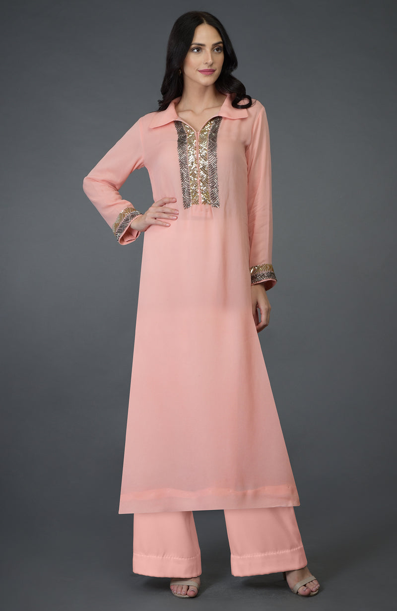 Peach Sequin and Beads Embroidered Long Tunic Kurta