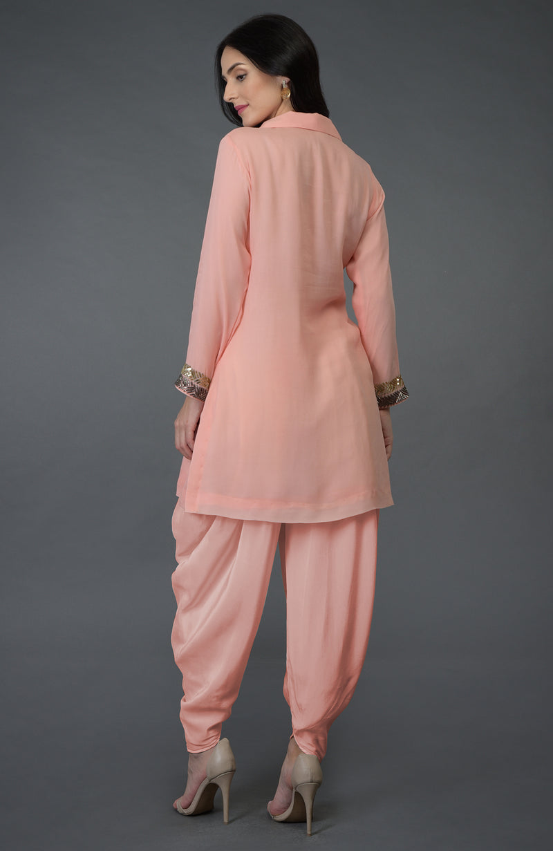 Peach Sequin And Beads Embroidered Dhoti Pants Suit