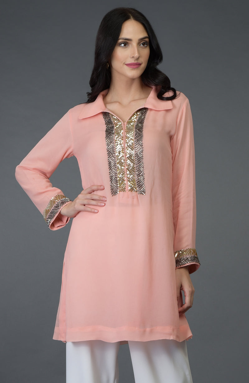 Peach Sequin and Beads Embroidered Tunic Top