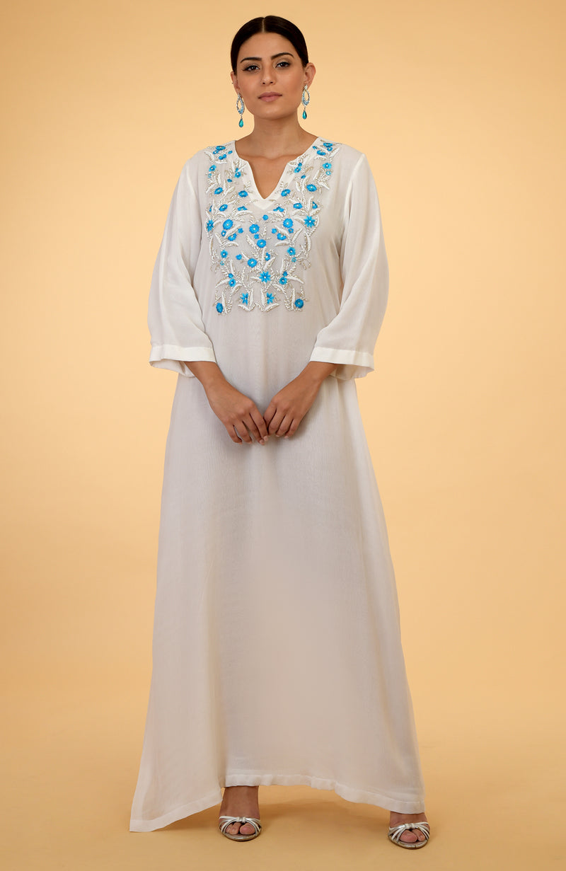 Ivory- Blue Thread and Beads Embroidered Kaftan
