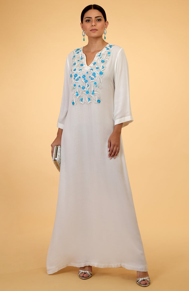 Ivory- Blue Thread and Beads Embroidered Kaftan