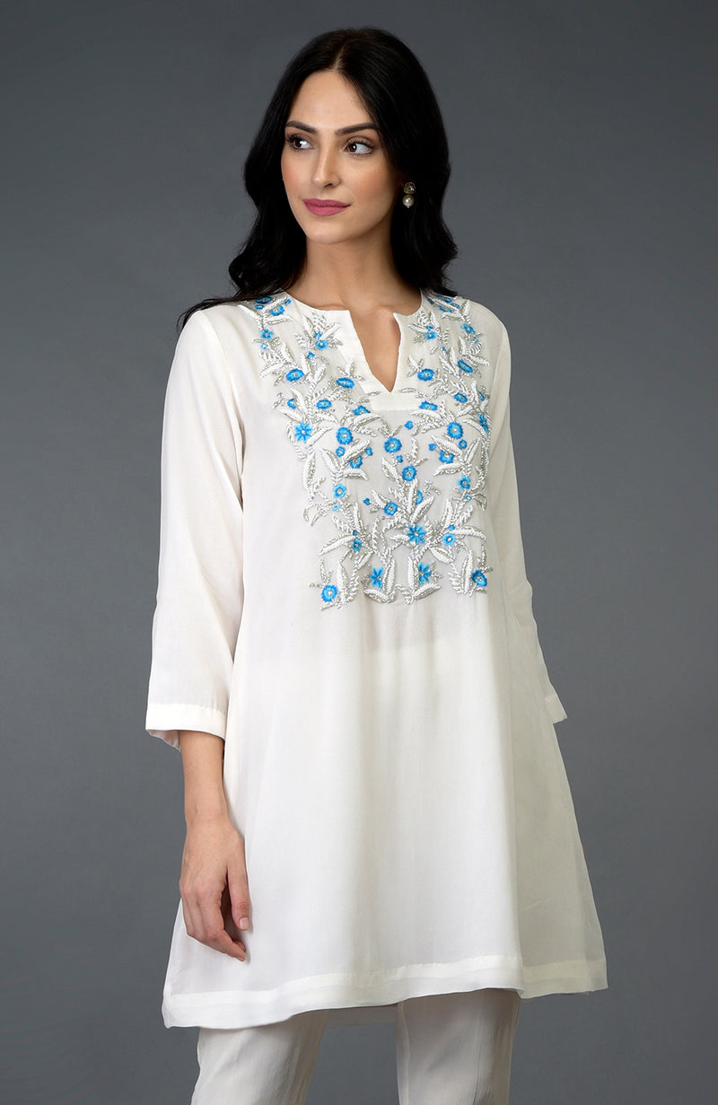 Ivory Resham Beads and Crystal Embroidered Tunic Top