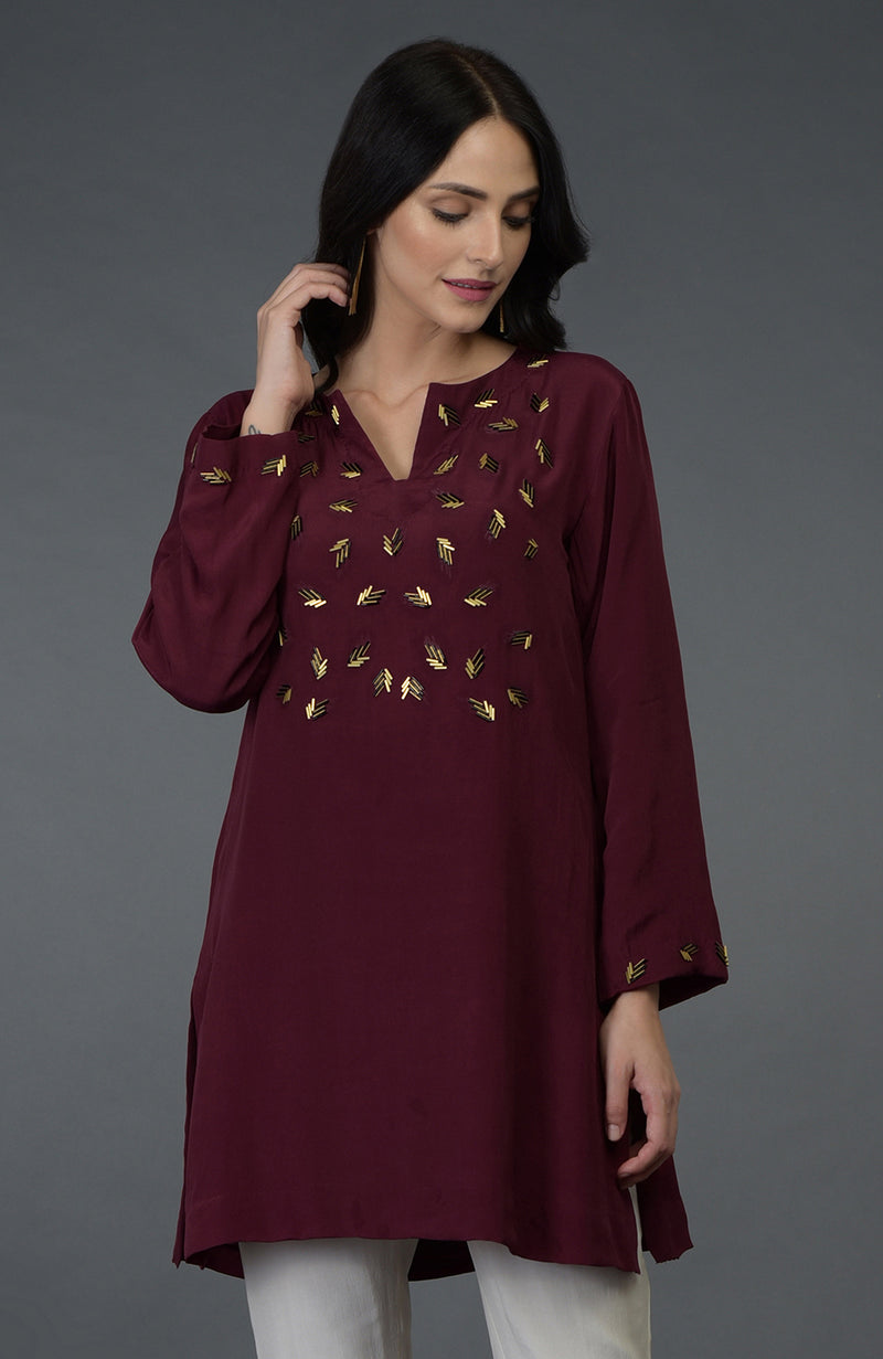 Burgundy Bugle Beads Embroidered Tunic Top