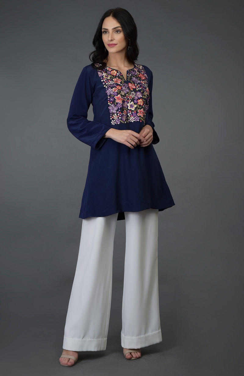 Eclipse Blue Resham Sequin and Beads Embroidered Tunic Top