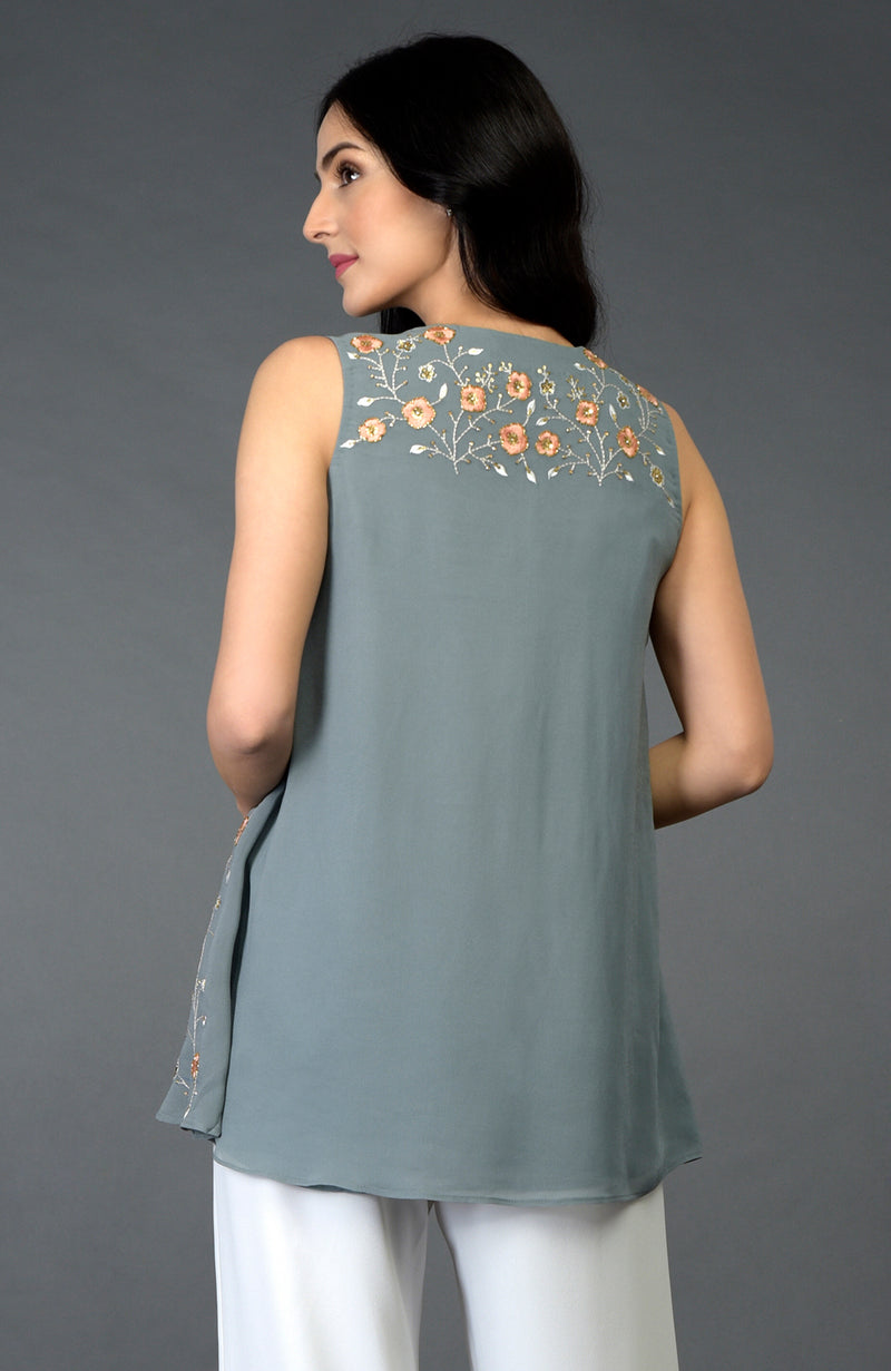 Dove Grey Floral Resham Sequin & Beads Embroidered Tunic Top
