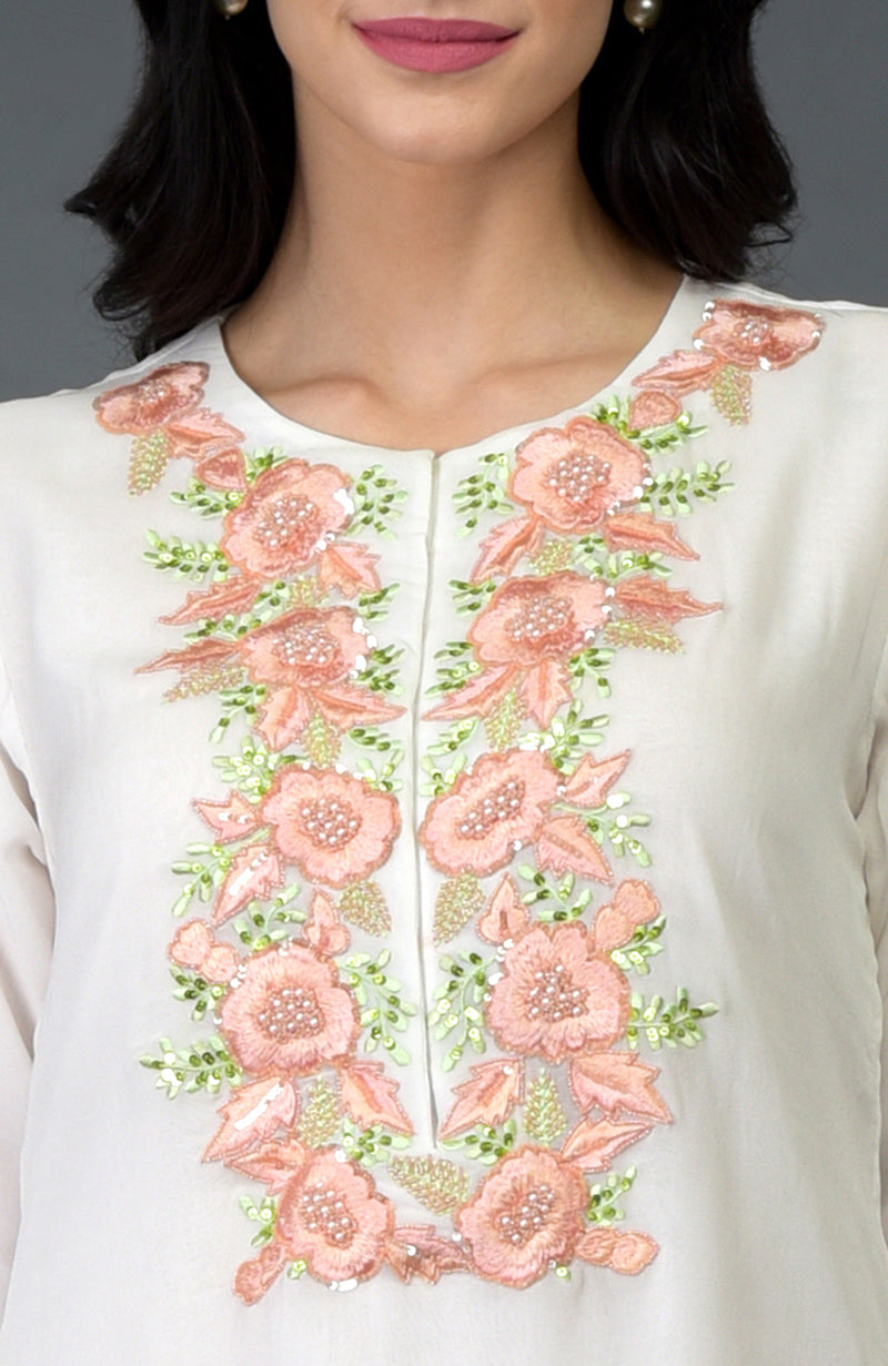 Ivory Resham Floral Sequin and Beads Embroidered Tunic Top