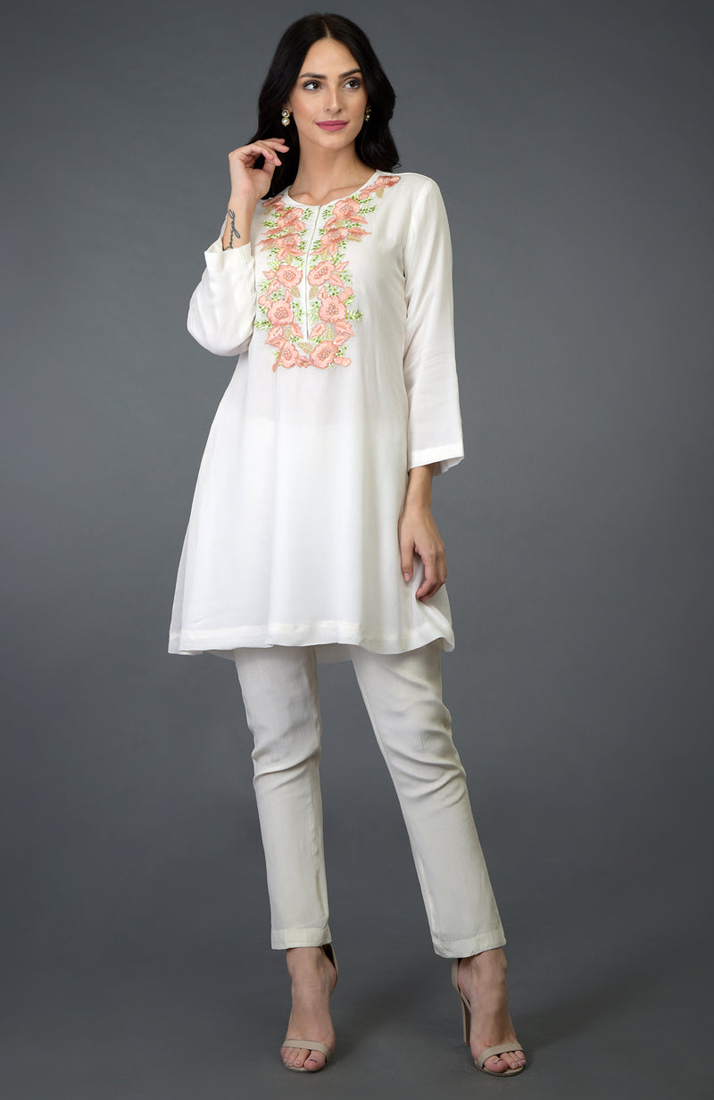 Ivory Resham Floral Sequin and Beads Embroidered Tunic Top