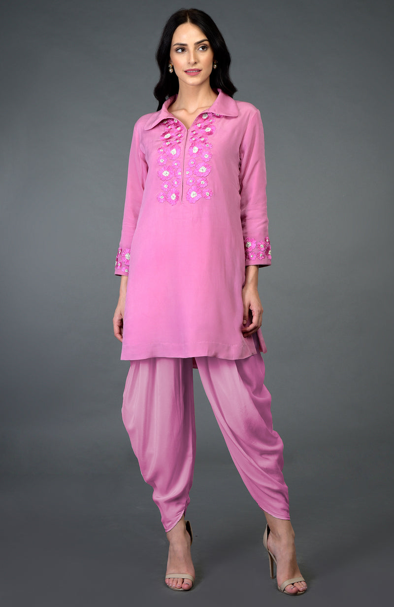 Carnation Pink Resham Crystal & Beads Work Dhoti Pants Suit