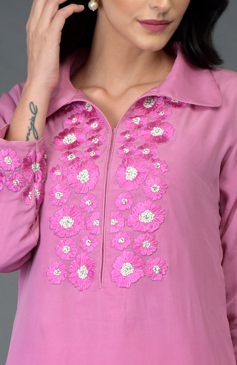 Carnation Pink Resham Crystal & Beads Embroidered Kurta Set