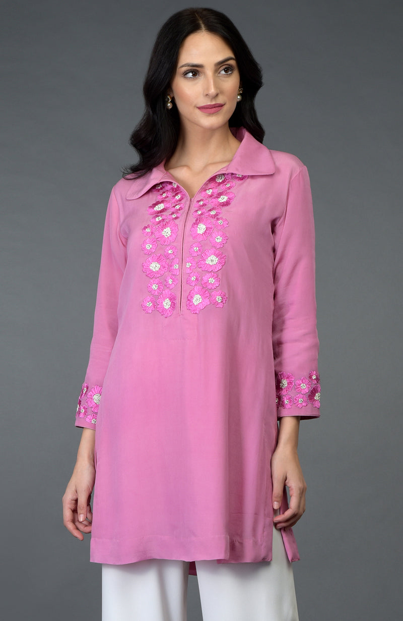 Carnation Pink Resham Crystal & Beads Embroidered Tunic Top
