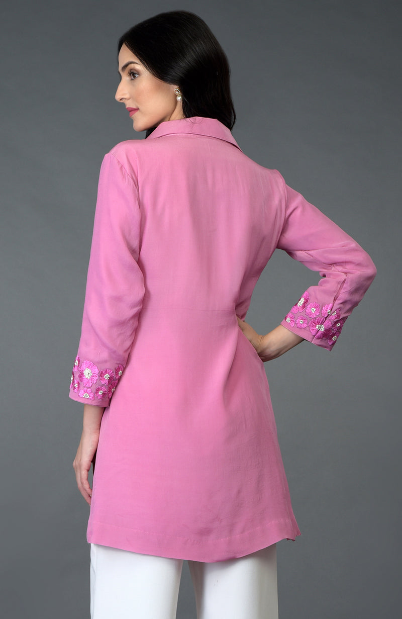 Carnation Pink Resham Crystal & Beads Embroidered Tunic Top