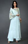 Serenity Blue Birds and Floral Embroidered Long Tunic Kurta