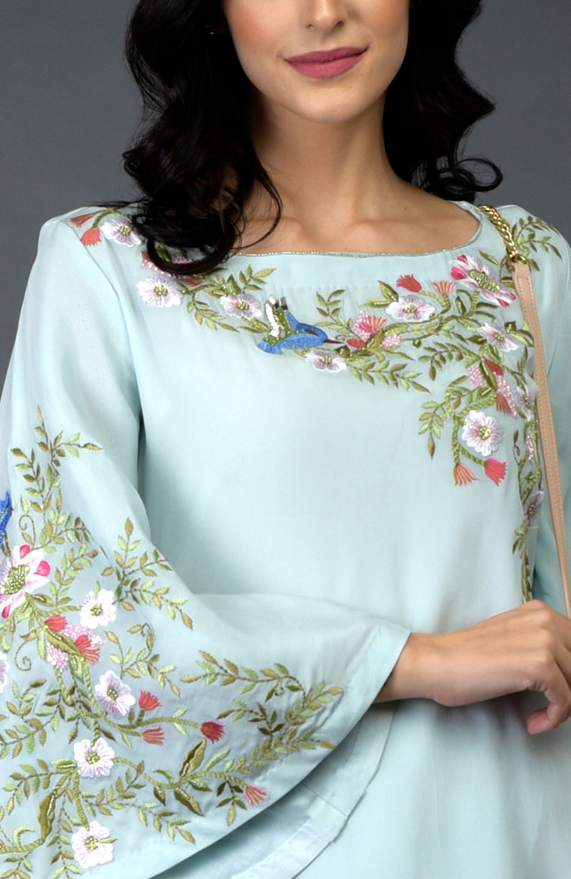 Serenity Blue Birds and Floral Embroidered Long Tunic Kurta