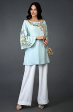 Serenity Blue Birds and Floral Embroidered Tunic Top