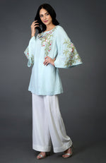 Serenity Blue Birds and Floral Embroidered Tunic Top
