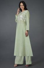 Pista Green Birds and Floral Embroidered Long Tunic Kurta