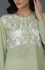 Pista Green Birds and Floral Embroidered Long Tunic Kurta