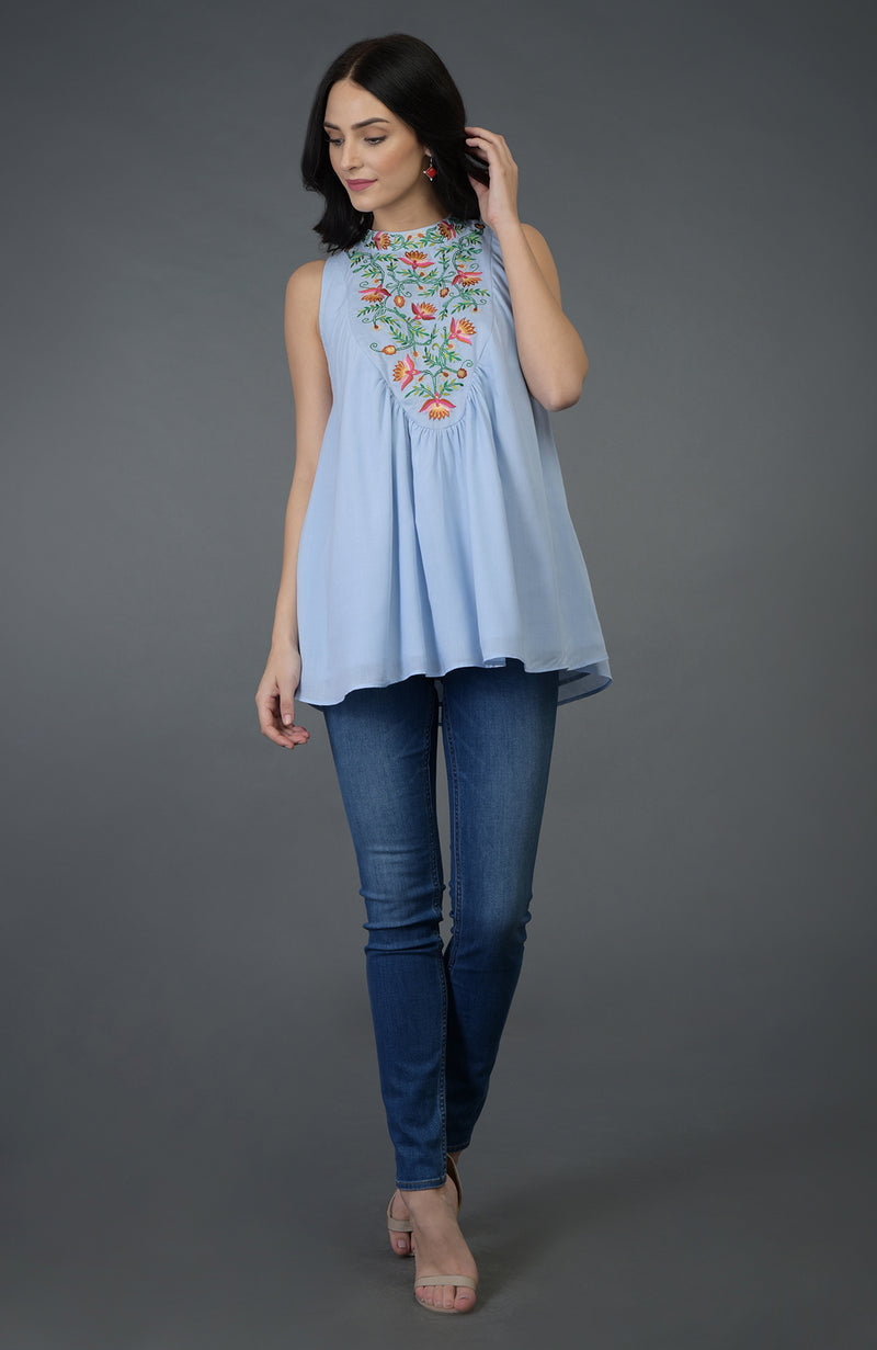Sky Blue Floral Embroidered Tunic Top