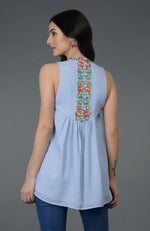 Sky Blue Floral Embroidered Tunic Top