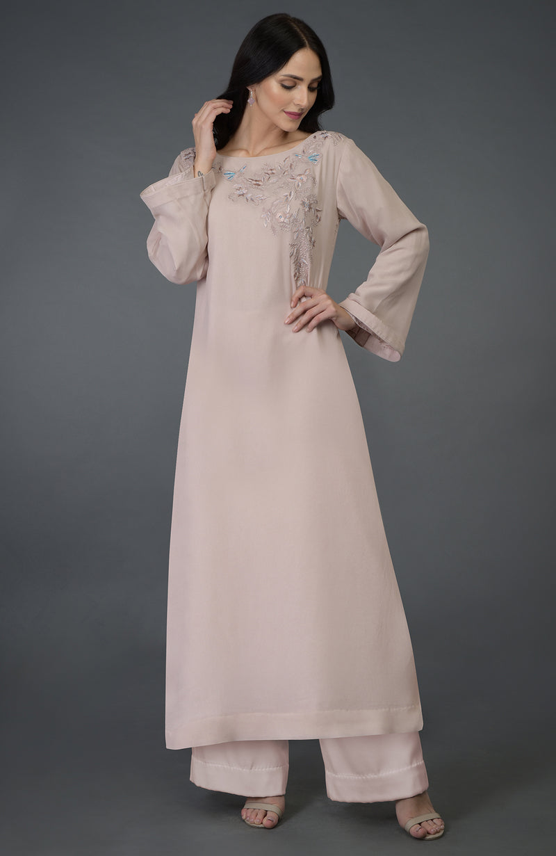 Oyster Pink Floral Embroidered Long Tunic Kurta