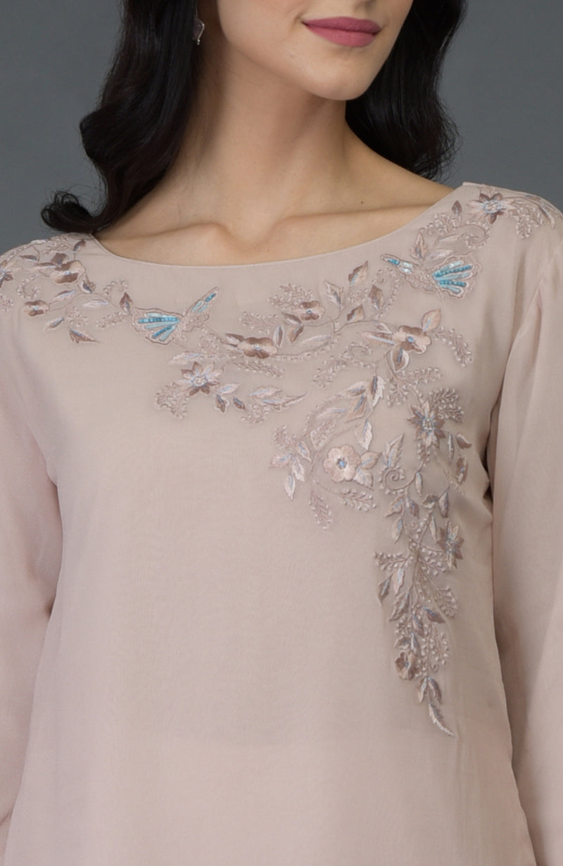 Oyster Pink Floral Embroidered Tunic Top