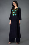 Midnight Blue Floral Embroidered Long Tunic Kurta