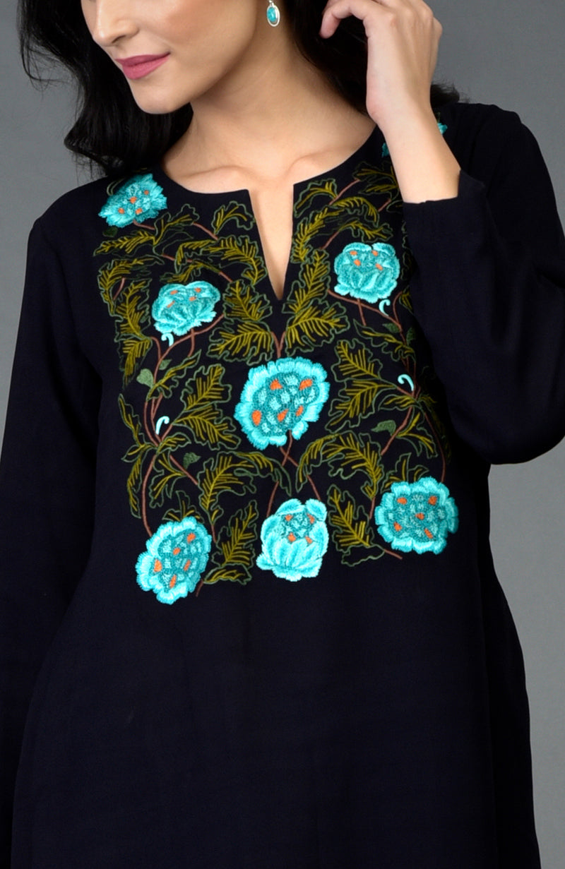 Midnight Blue Floral Embroidered Long Tunic Kurta