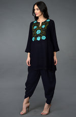 Midnight Blue Floral Embroidered Dhoti Pants Suit