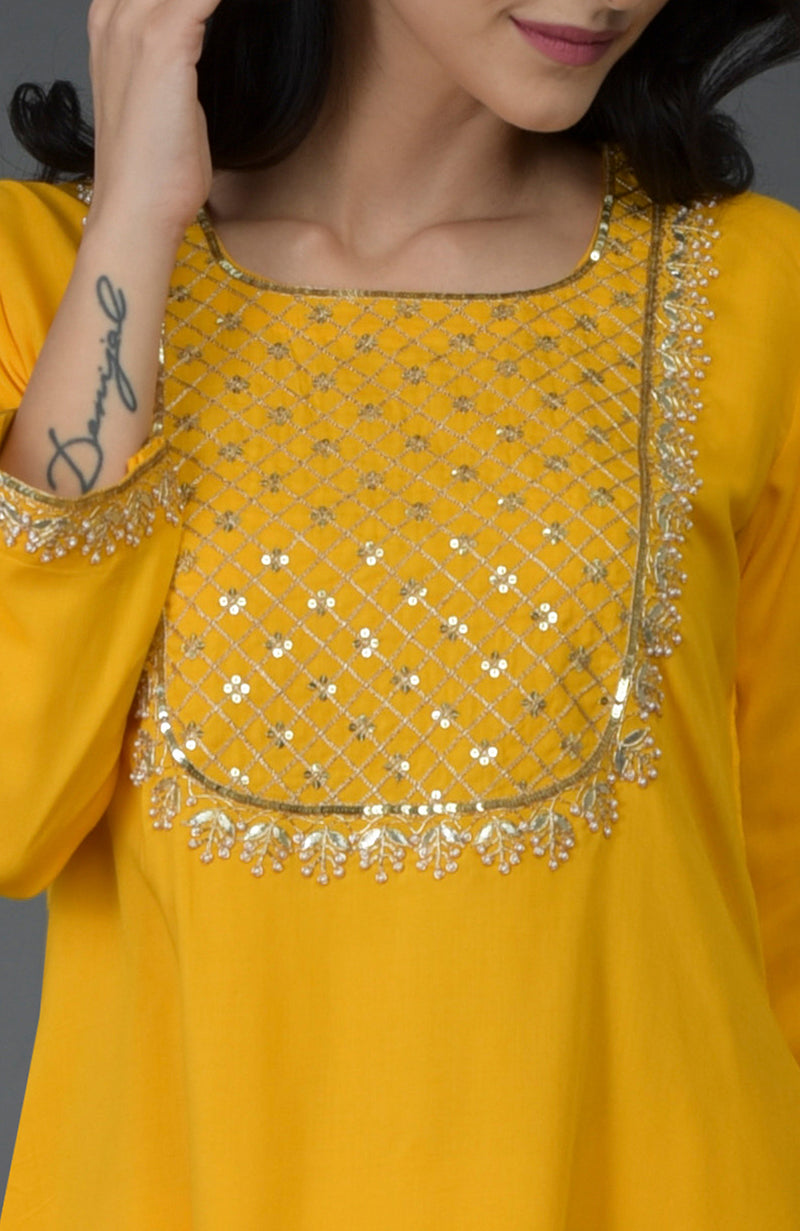 Sunglow Yellow Gota Sequin & Pearl Beads Long Tunic Kurta