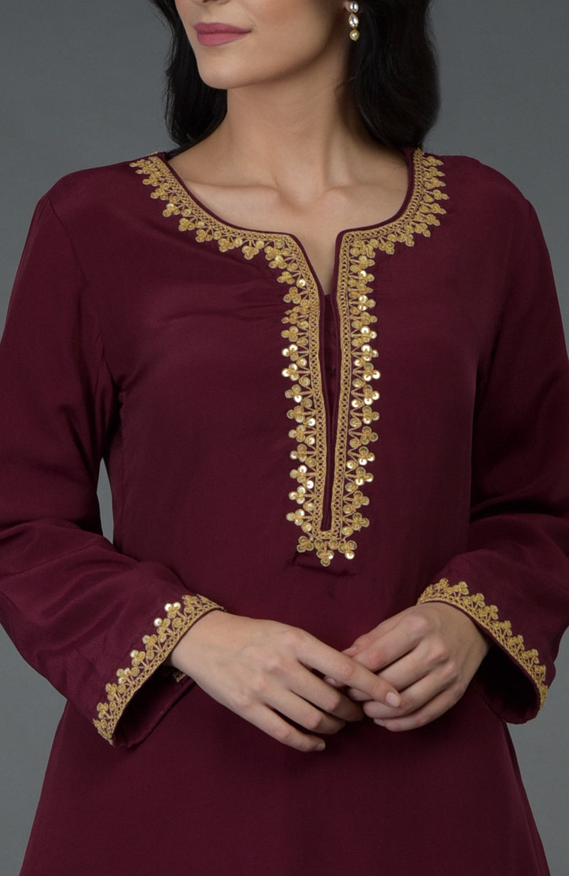 Burgundy Marori And Sequin Embroidered Dhoti Pants Suit