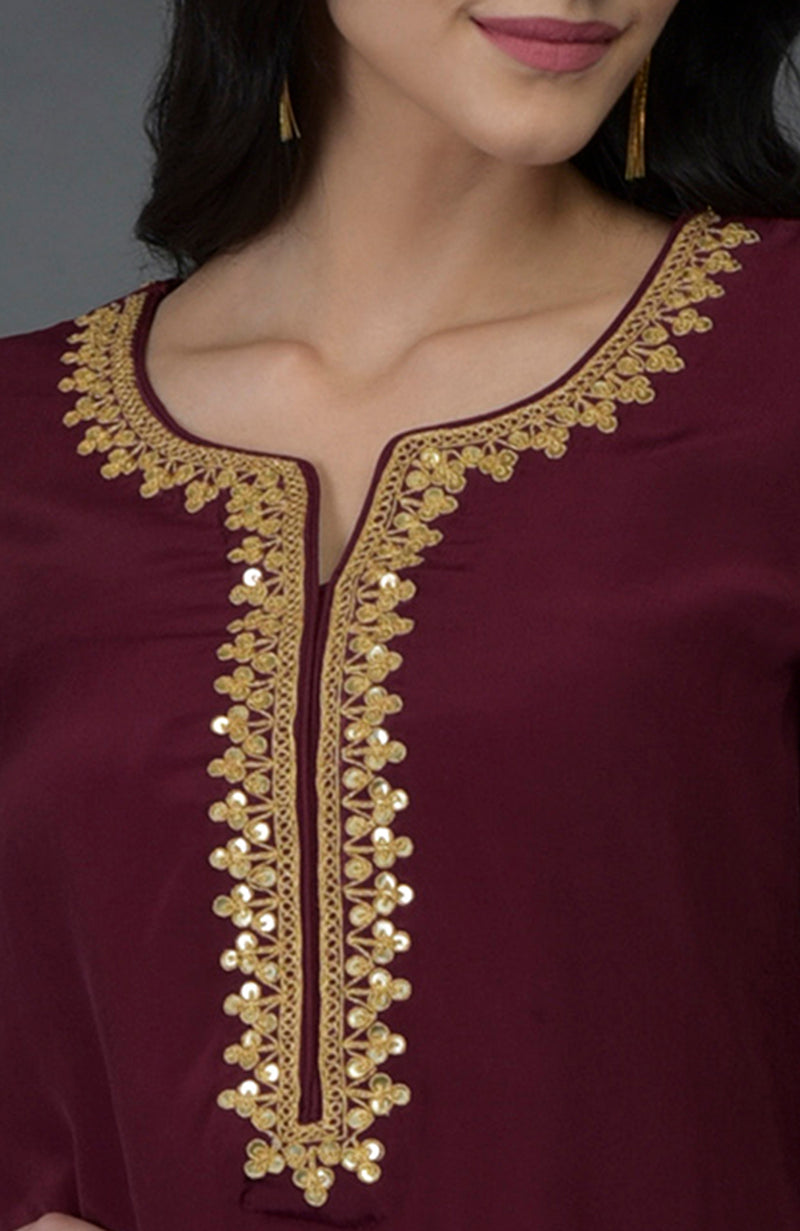 Burgundy Marori and Sequin Embroidered Tunic Top
