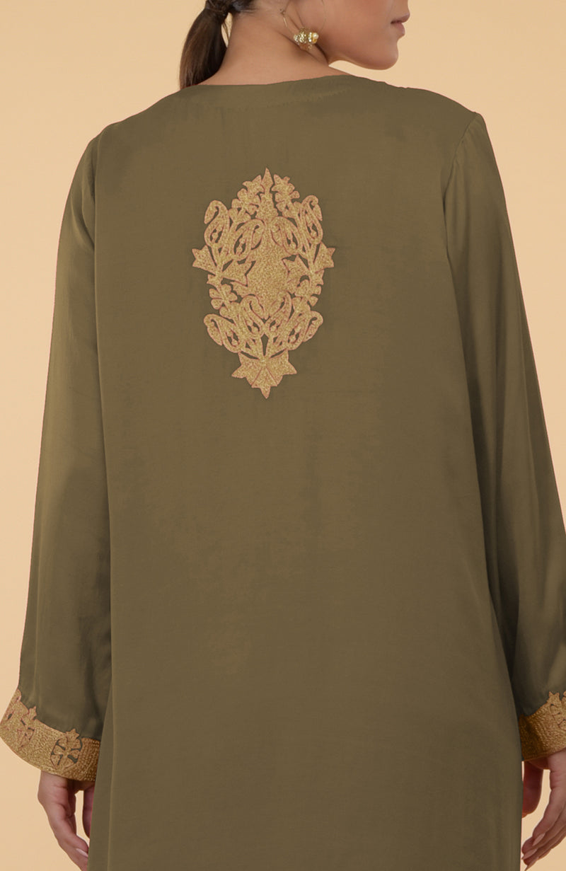 Olive- Gold Kashmir Embroidered Kaftan