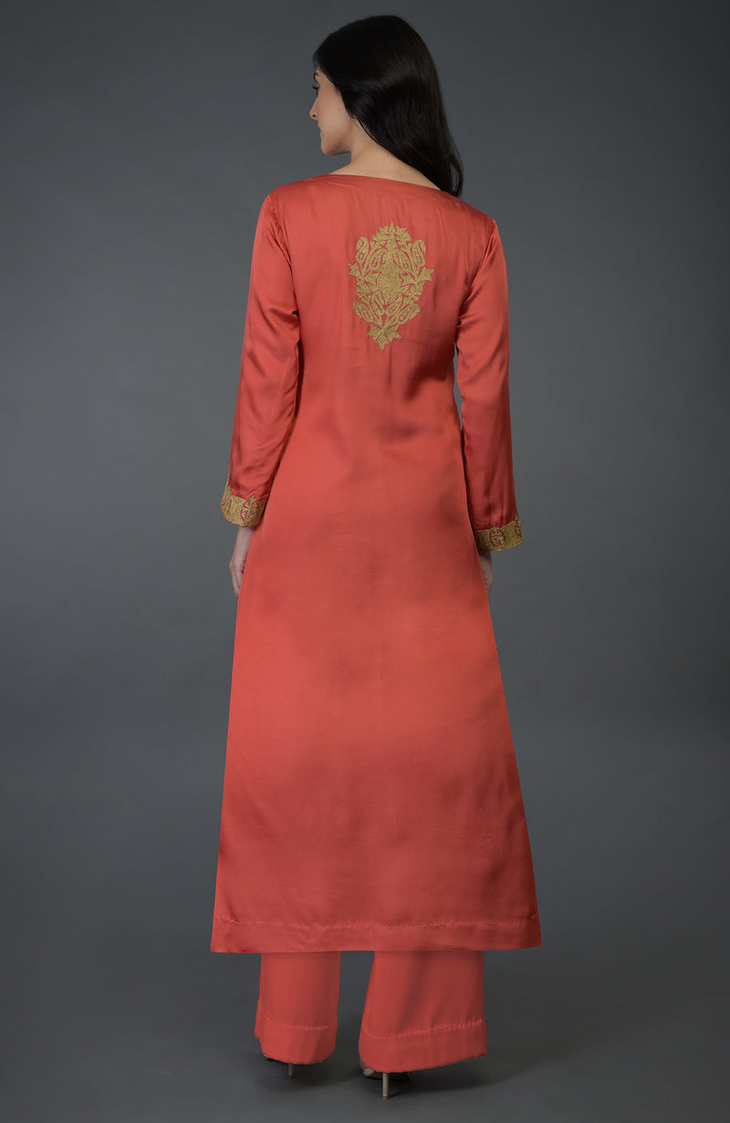 Living Coral Kashmiri Tilla Embroidered Long Tunic Kurta