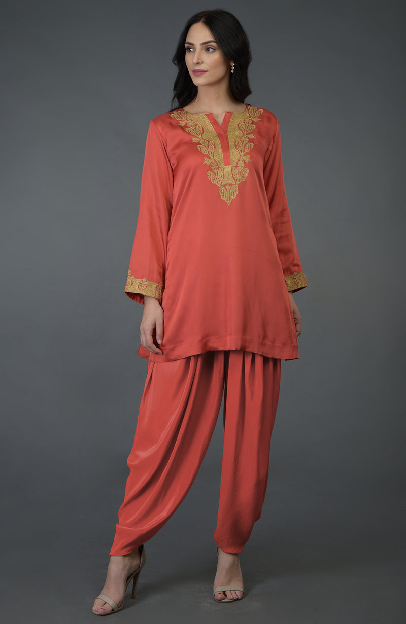 Living Coral Kashmiri Tilla Embroidered Dhoti Pants Suit