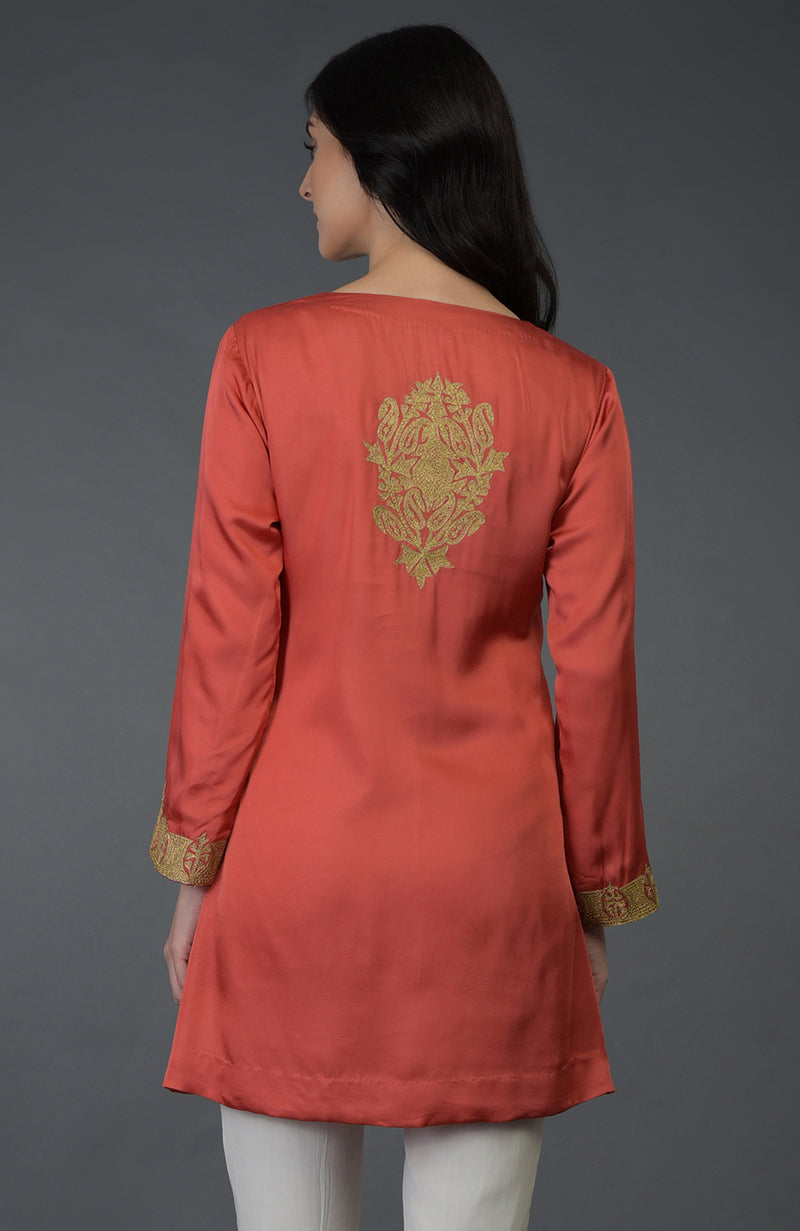 Living Coral Kashmiri Tilla Embroidered Tunic Top