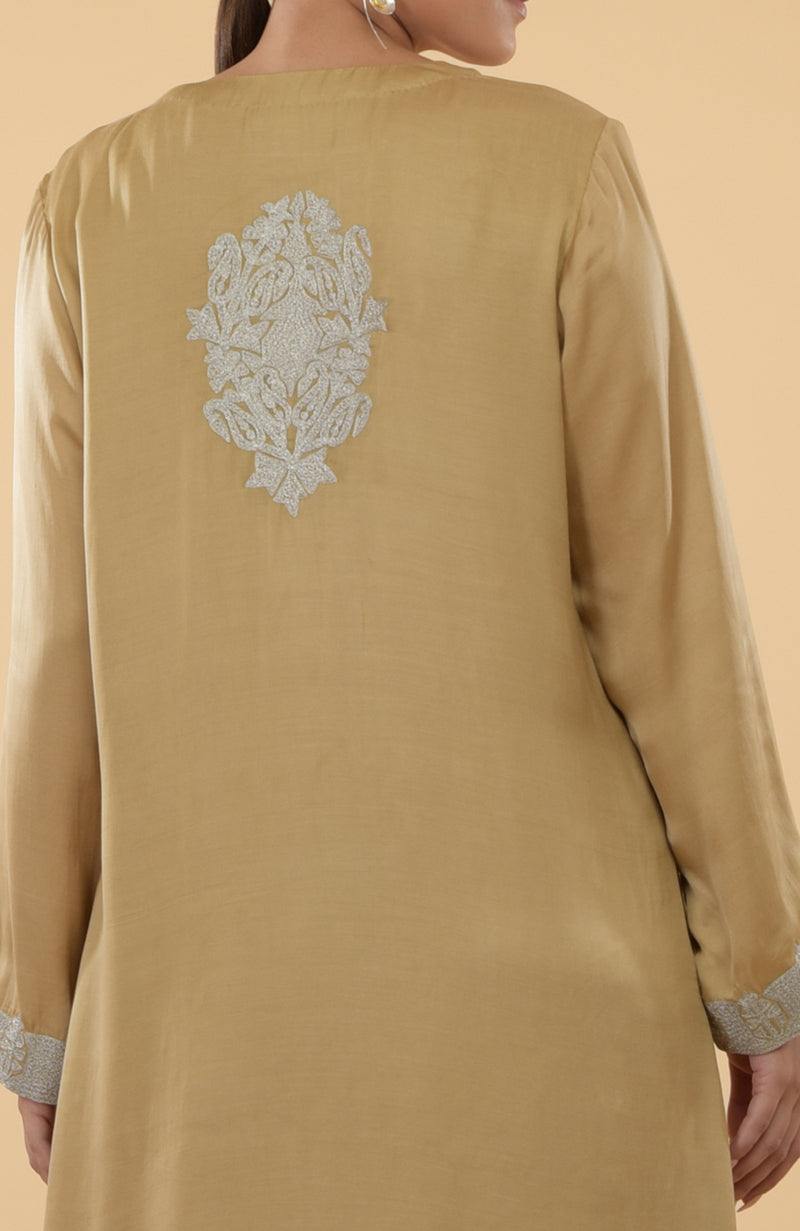 Beige- Silver Kashmir Embroidered Kaftan