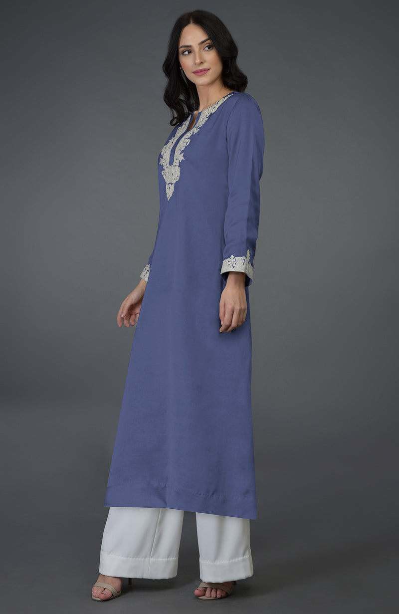 Iris Blue Kashmiri Tilla Embroidered Long Tunic Kurta