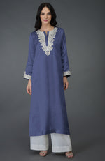 Iris Blue Kashmiri Tilla Embroidered Long Tunic Kurta