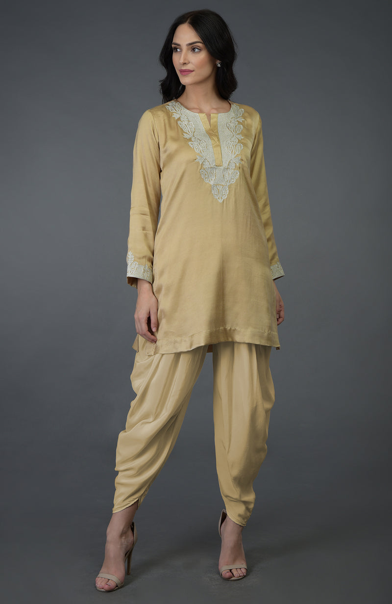 Beige Gold Kashmiri Tilla Embroidered Dhoti Pants Suit