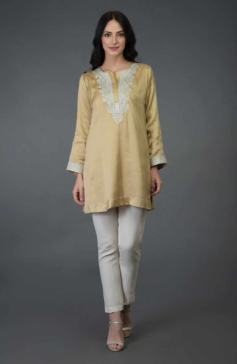 Beige Gold Kashmiri Tilla Embroidered Tunic Top