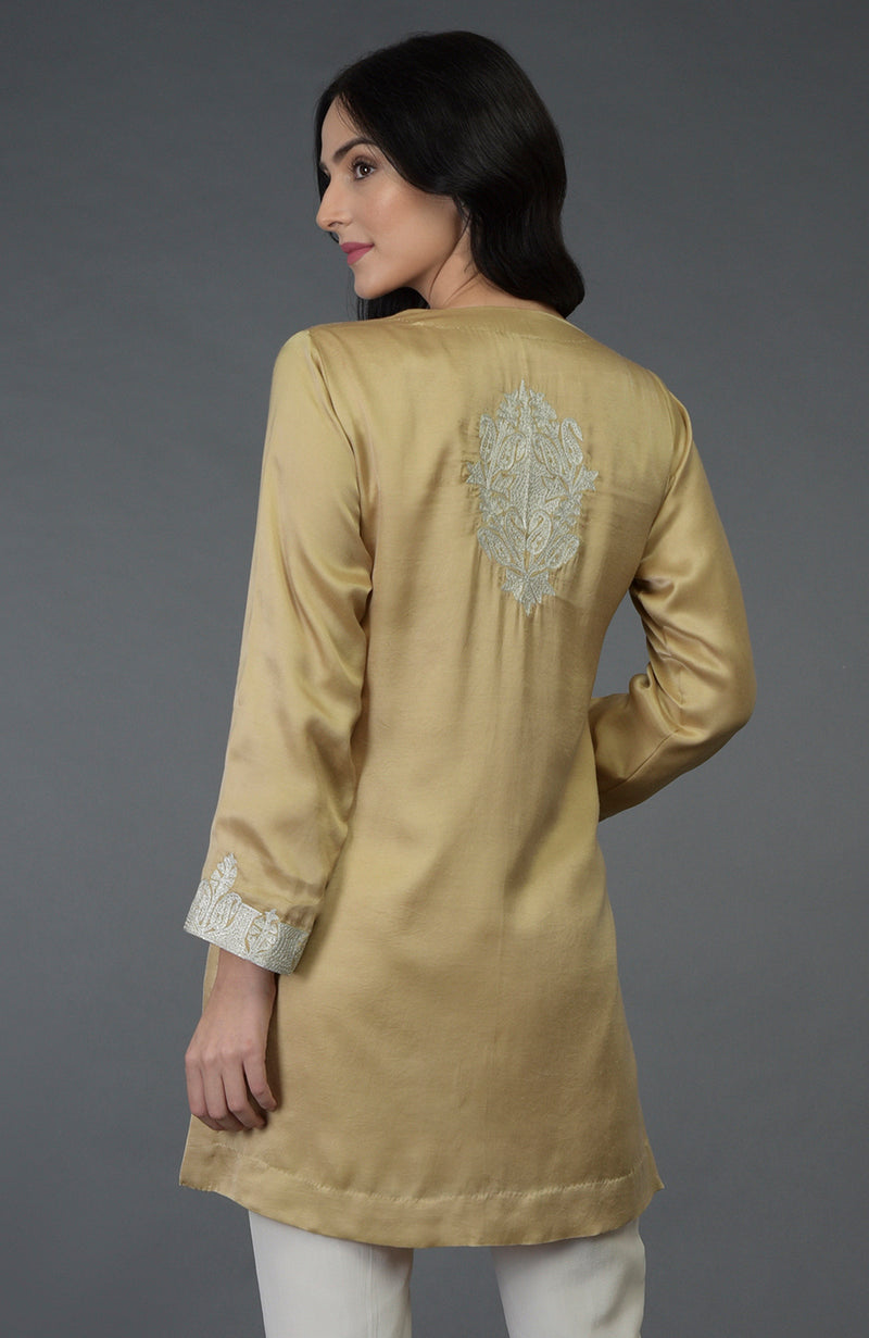 Beige Gold Kashmiri Tilla Embroidered Tunic Top