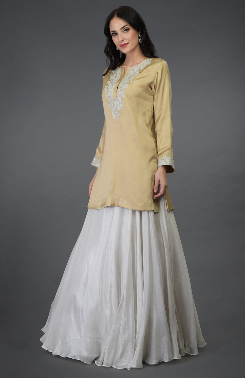 Buy Ochre Yellow Crop Top With Kashmiri Hand Embroidery And Contrasting Off  White Skirt Online  Kalki Fashion