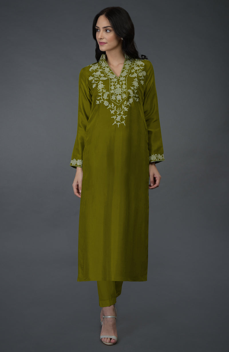 Olive Kashmiri Tilla Embroidered Long Tunic Kurta