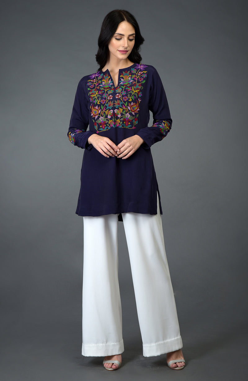 Eclipse Blue Kani Art Embroidered Tunic Top