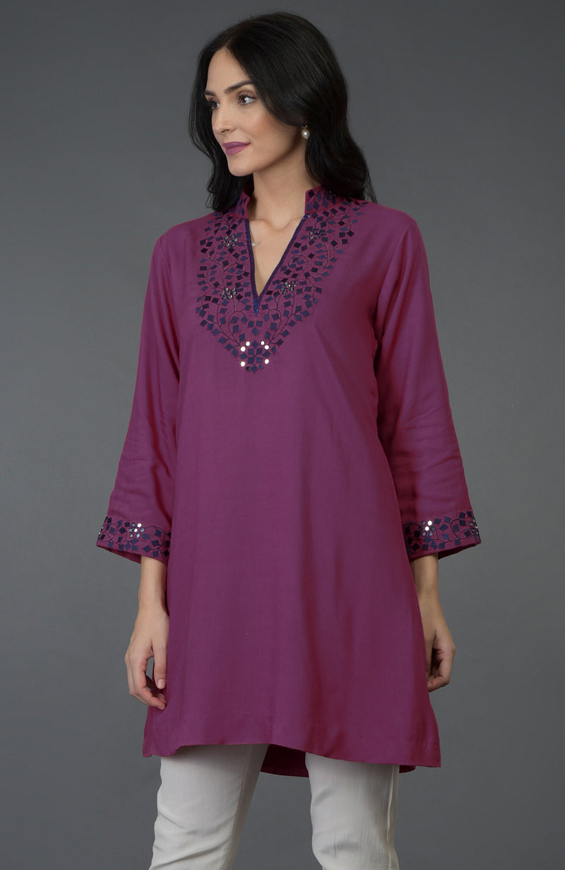 Peacock Pink Resham and Mirror Work Tunic Top