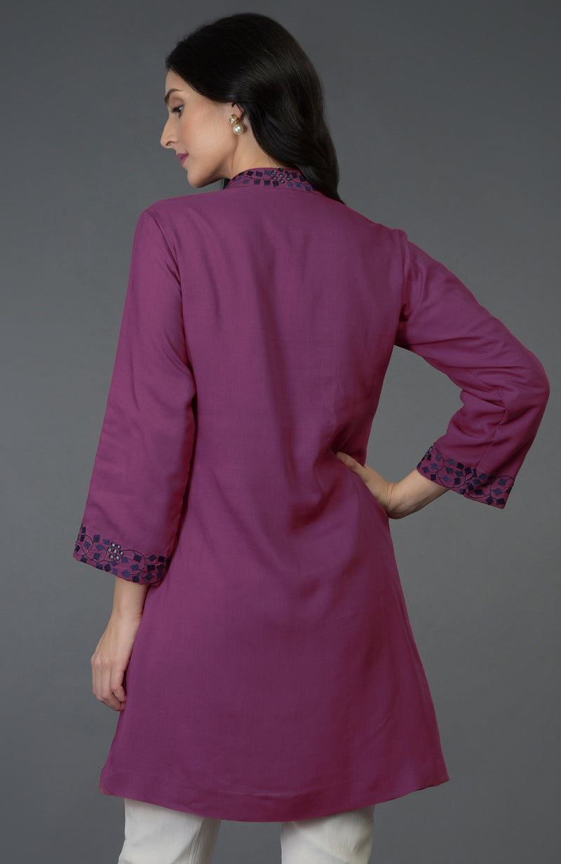 Peacock Pink Resham and Mirror Work Tunic Top