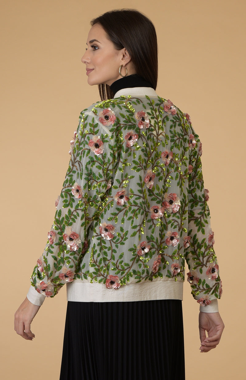 Coral 3D Blossoms Hand Embroidered Silk Chiffon Jacket