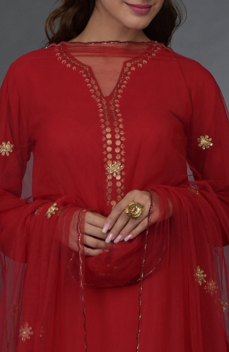 Crimson Red Sequin & Beads Hand Embroidered Sharara Suit