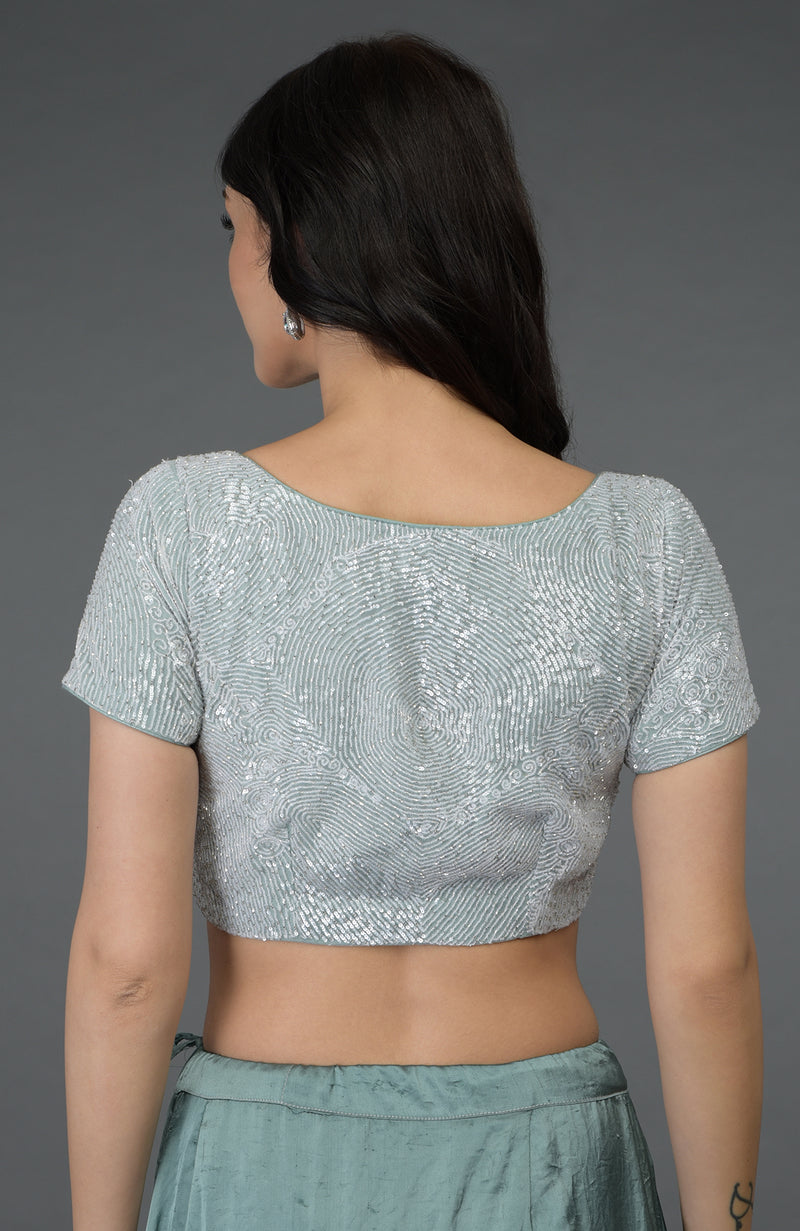 Aqua Grey Sequin & Beads Hand Embroidered Blouse