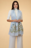Serenity Blue Floral-Birds Embroidered Pure Cashmere Stole